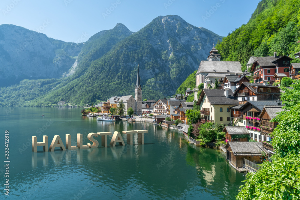 The village of Hallstatt with 3D text on the lake