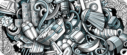 Bathroom hand drawn doodle banner. Cartoon detailed flyer.