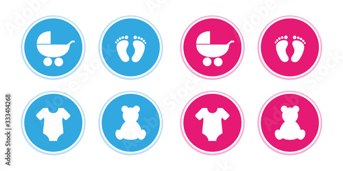 blue and pink set of baby icons feet footprint stroller bear and bodysuit vector illustration EPS10
