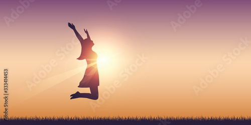 happy girl with raised arms jumps at sunshine vector illustration EPS10
