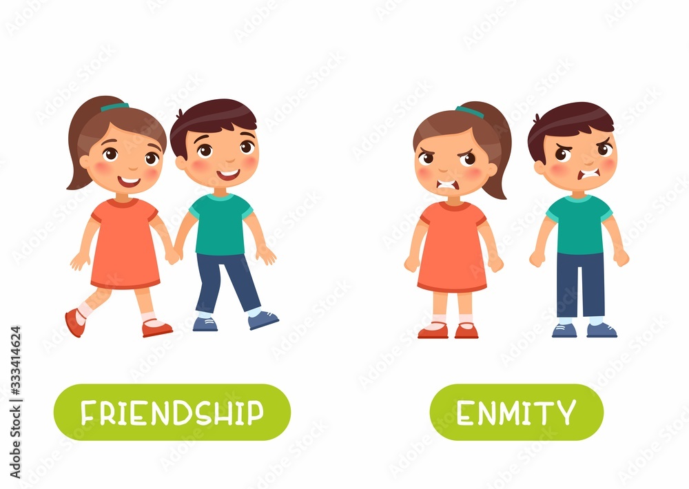 Friendship and enmity antonyms flashcard vector template. Word card for english language learning with flat characters. Opposites concept. Girl and boy quarrel illustration with typography Friendship and enmity antonyms flashcard vector template. Word card for english language learning with flat characters. Opposites concept. Girl and boy quarrel illustration with typography