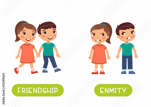 Friendship and enmity antonyms flashcard vector template. Word card for english language learning with flat characters. Opposites concept. Girl and boy quarrel illustration with typography