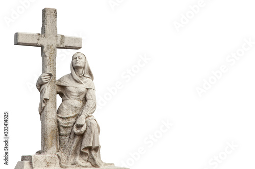 Ancient stone statue of woman with cross on a tomb as a symbol of depression pain and sorrow. Faith, religion, Christianity and death concept.