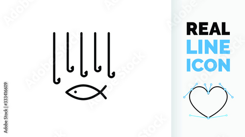 Overfishing visualised by many hooks and a fish in the water in a real line icon file so you can edit the stroke weight