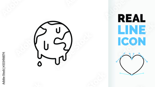 Vector line icon about global warming as a melting planet by the temperature rise on the north and south pole caps black illustration on white background