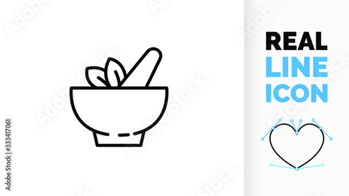 vector editable stroke line icon in illustrator of a mortar and pestle with herbs and leaves to ground spices for meal cooking and food taste as a black line symbol on a white background