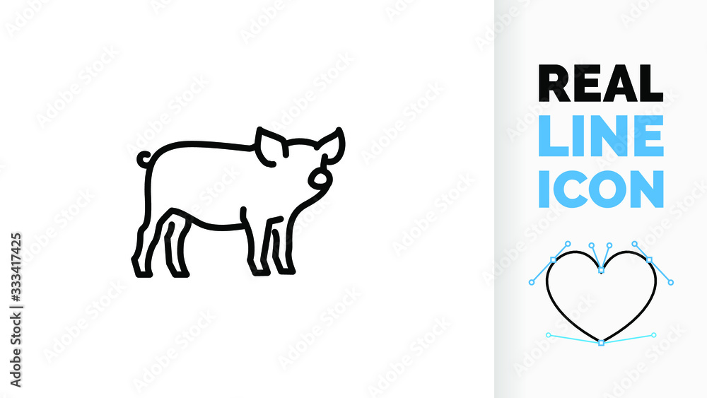 Vector editable real line icon of a domestic side view full body pig or swine used for pork meat as modern clean line art illustration in a black stroke symbol style on a white background style Vector editable real line icon of a domestic side view full body pig or swine used for pork meat as modern clean line art illustration in a black stroke symbol style on a white background style
