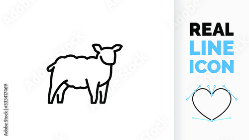 Vector editable line icon of a domestic cattle side view whole body sheep, lamb or goat grazing used for fur, wool and milk as modern clean line art illustration in a black stroke symbol style