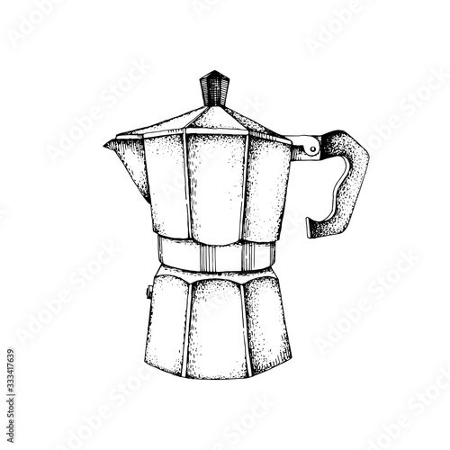Hand drawn Italian coffee maker or moka pot isolated on white background