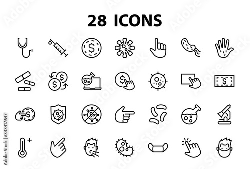 CORONAVIRUS a set of icons on the theme of Coronavirus, contains such icons as nucleation, hand washing, mask, bacteria, sneezing, Editable stroke, on a white background