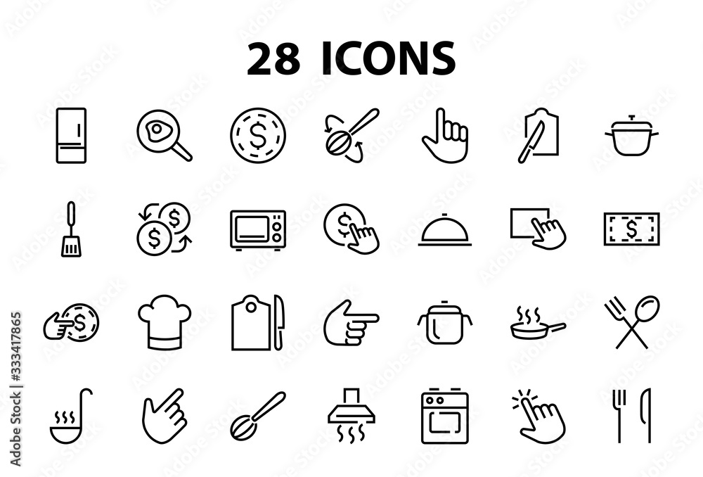Fototapeta premium Set of cooking and kitchen icons, Vector lines, contains icons such as frying pan, frying, microwave, fork with spoon, Editable stroke, perfect 480x480 pixels, white background.