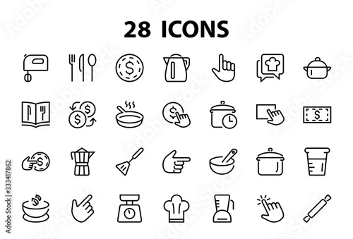 Set of icons for cooking and kitchen, vector lines, contains icons such as a knife, saucepan, boiling time, mixer, scales, recipe book. Editable stroke, perfect 480x480 pixels, white background