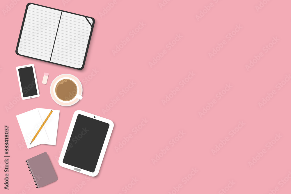 Set of flat vector design illustration of modern business office equipment on pink background. - laptop, digital devices, pencil, coffee and notepad. - work from home concept. Set of flat vector design illustration of modern business office equipment on pink background. - laptop, digital devices, pencil, coffee and notepad. - work from home concept.