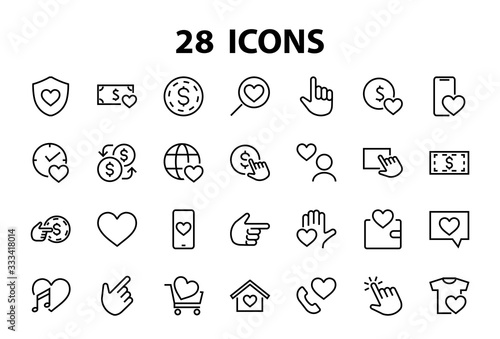  The set of icons about love contains such icons as love of music, declaration of love, heart, favorite home, Linear set. Vector on a white background. Editable stroke. 480x480