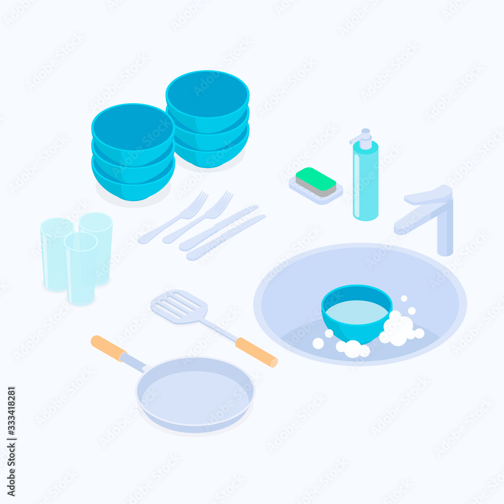 Washing dishes set. Isometric vector illustration in flat design. Washing dishes set. Isometric vector illustration in flat design.