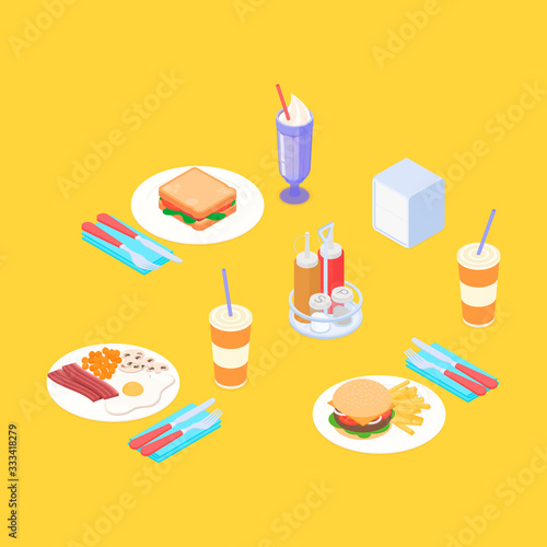 Lunch in a restaurant set. Isometric vector illustration in flat design.