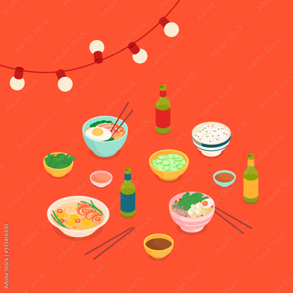 Dinner in an asian restaurant set. Isometric vector illustration in flat design. Dinner in an asian restaurant set. Isometric vector illustration in flat design.