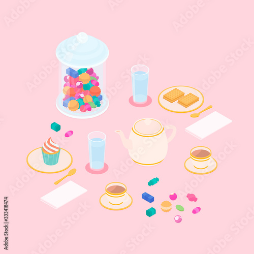 Pink tea and dessert set. Isometric vector illustration in flat design.