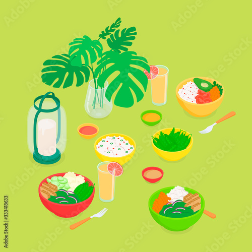 Green healthy vegan dinner set. Isometric vector illustration in flat design.
