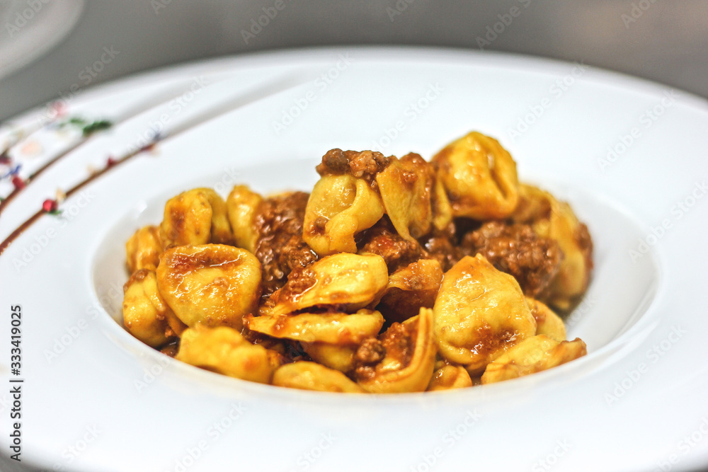 Tortellini with Bolognese sauce, Italian pasta, Tortellini with Bolognese sauce, Italian pasta,