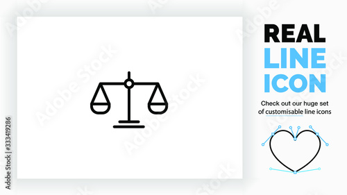 editable real line icon of a weight scale used in law practice to measure and balance the two point of views in black clean lines on a white background