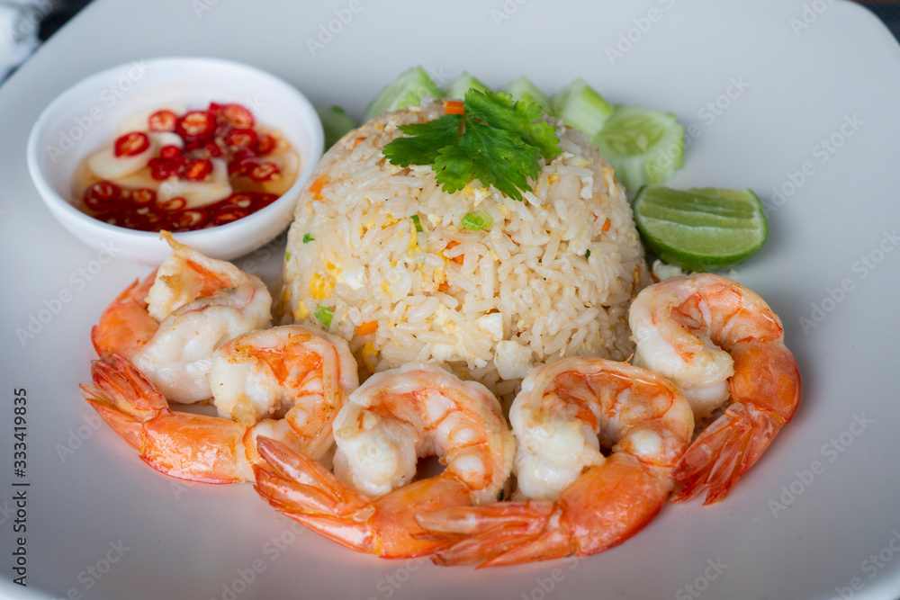 Shrimp fried rice served with fish sauce and chilli Shrimp fried rice served with fish sauce and chilli