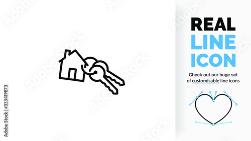 editable stroke real line icon of a key chain with a house symbol on it in a black outline design on a white background