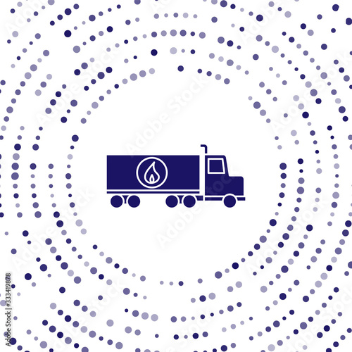 Blue Tanker truck icon isolated on white background. Petroleum tanker, petrol truck, cistern, oil trailer. Abstract circle random dots. Vector Illustration