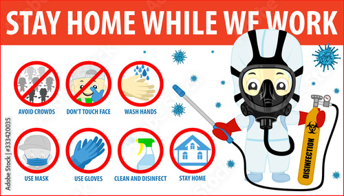 vector Coronavirus infographics. Prevention of CoV-2019 are shown for quarantine. Use mask and gloves, avoid crowds, don't touch face and stay at home. medical scientist disinfector