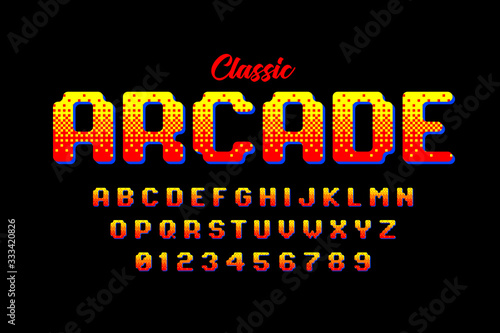 Murais de parede Retro style arcade games font, 80s video game alphabet letters and numbers