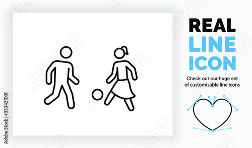 Editable real line icon of children playing football outside with a ball the young girl in a skirt kicks the ball and the little boy is running in black modern lines on a clean white background