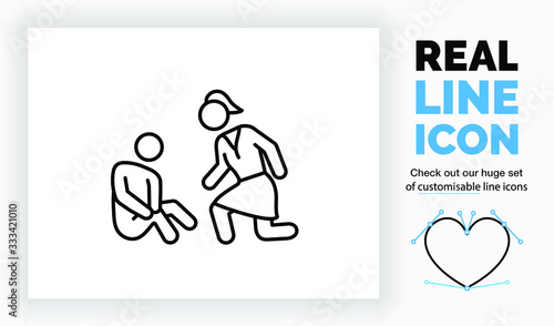 Editable real line icon of a child stick figure that got hurt on his leg with his mother kneeling to comfort him and look after is wound in modern black lines on a white background as a vector file