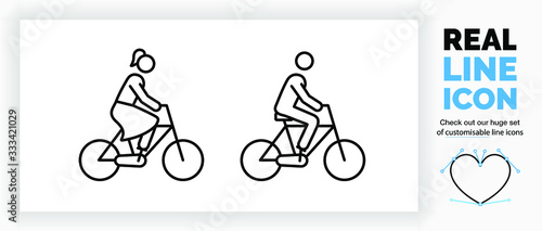 editable real line icon of a female and male stick figure riding on a bicycle the woman has a pony tale and a skirt in black modern lines on a clean white background as a EPS infographic