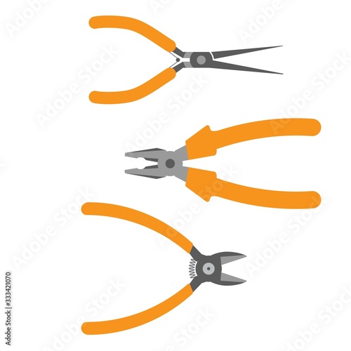 3 different pliers set. Vector Illustration of  diagonal cutters, needle nose pliers,  basic pliers. Flat style vector illustration.