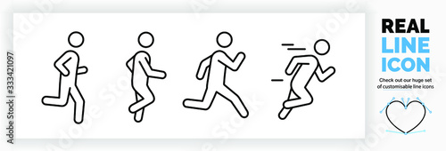 Editable real line icon set of a boy stick figure running fast and jogging in a outline design in modern black lines on a clean white background as a EPS vector file photo