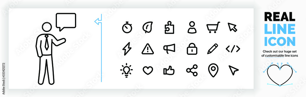 Editable real line icon of a business man talking about an idea in a speech bubble with a customisable symbol set in modern black lines on a clean white background as a eps vector file Editable real line icon of a business man talking about an idea in a speech bubble with a customisable symbol set in modern black lines on a clean white background as a eps vector file