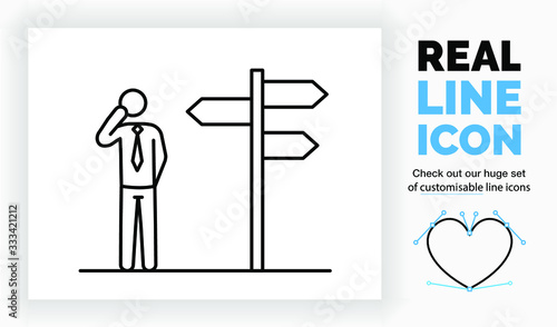 Editable real line icon of a way finding sign with different left and right directions on a sign pole with a stick figure business man thinking where to go in modern black lines on a white background