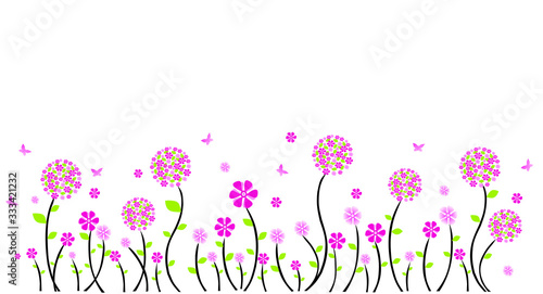 Vector Illustration of Red Pink Flowers and Grass with Butterflies