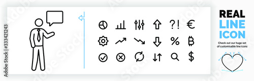 Editable real line icon of a business man talking about an idea in a speech bubble with a customisable symbol set in modern black lines on a clean white background as a eps vector file