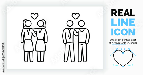 Editable real line icon of same sex love between two gay guys and two lesbian woman showing affection bij giving a hug in full body view in modern black lines as a EPS vector file