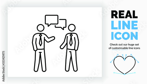 Editable real line icon of infographic stick figure people in a corporate design style wearing a suit with tie in full body length view in modern black lines on a clean white background as eps vector
