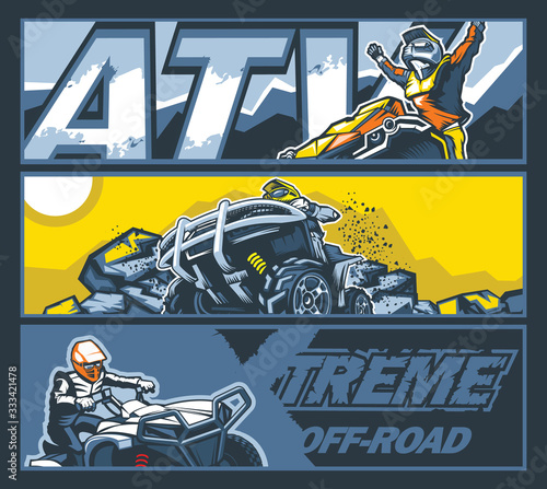 A collection of three banners with ATVs. Vector graphics.