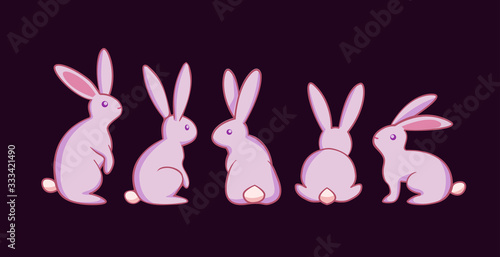  bunny set, rabbit collection isolated on purple background, pink bunny, easter bunny set,for cards, postcards, flyers, banners and so on