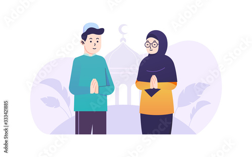 Ramadan Kareem Couple Greeting Flat Illustration Premium Vector