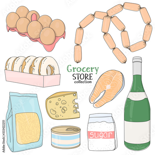 Set with groceries on a white background.