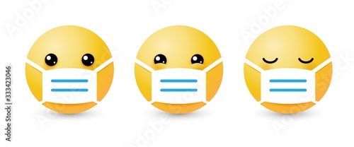 Yellow emoji set with medical mask. Concept of virus protection and quarantine COVID-19