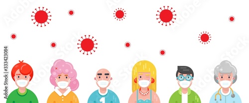 COVID-19 hygiene promotion banner with people wearing medical masks. Concept of fight against coronavirus. 