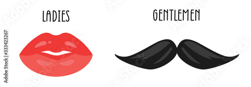 Male mustache and female lips set. Isolated vector clip art. Traditional celebration mask. Fun photo props.