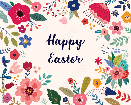 Easter greeting illustration with colorful spring flowers. Happy Easter template, invitation