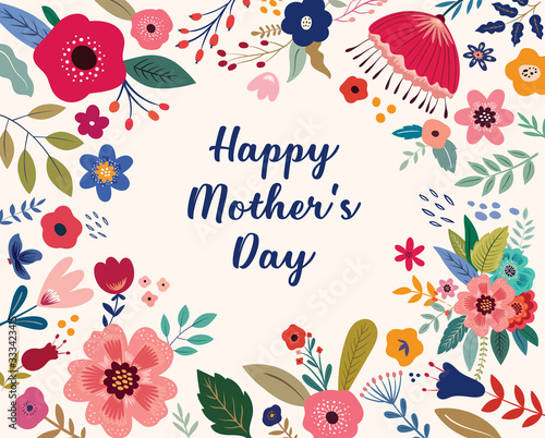 Happy Mothers Day greeting illustration with colorful spring flowers. Happy Mothers Day template